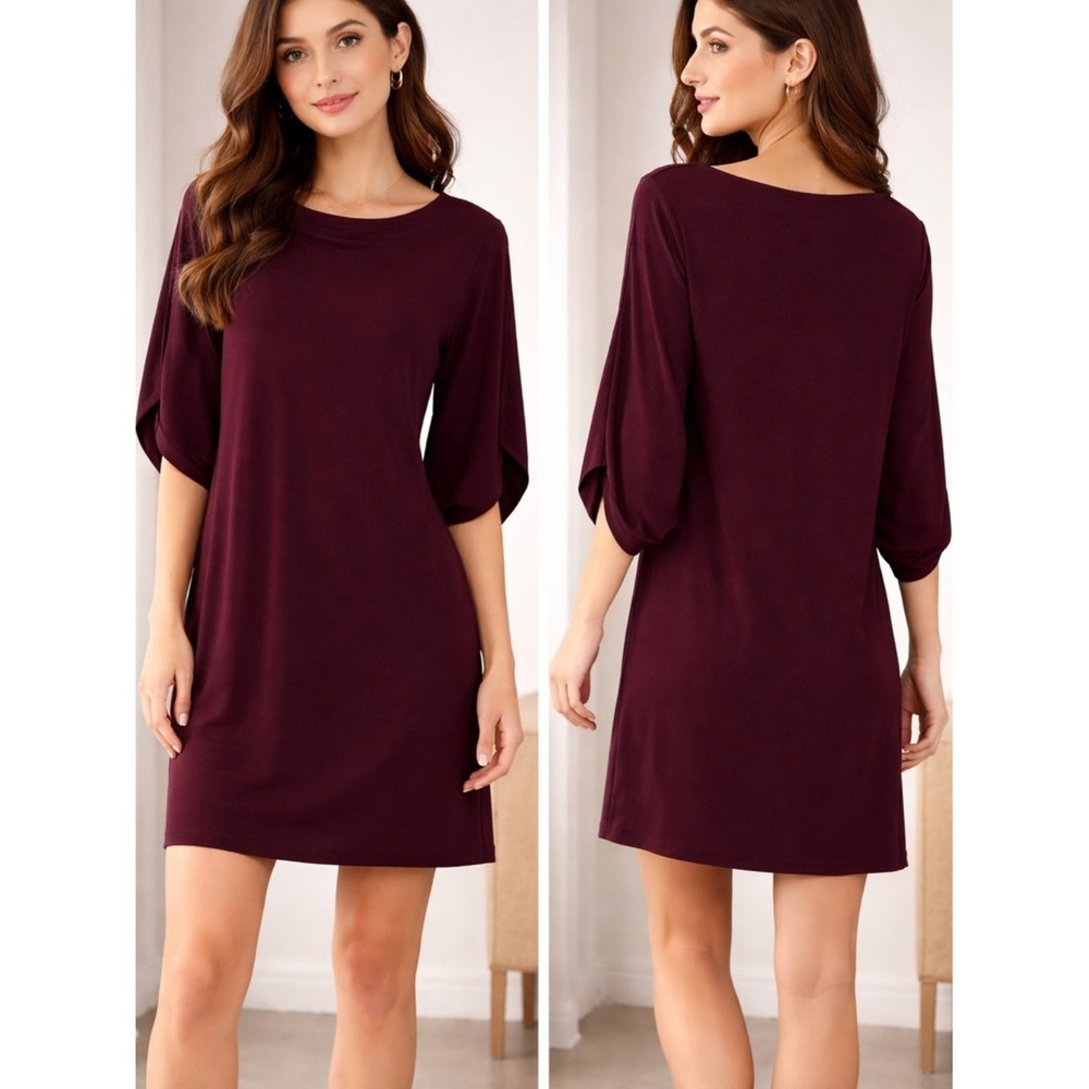 Eileen Fisher Petite Medium PM Burgundy Shift Dress Tencel Lyocell 3/4 Sleeve l